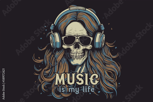 Skull with headphones vintage retro vector Illustration