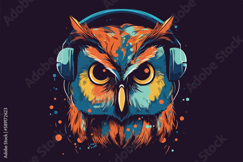 Owl with headphones vintage retro vector Illustration