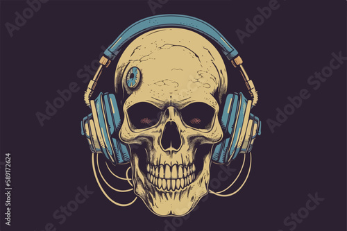 Skull with headphones vintage retro vector Illustration