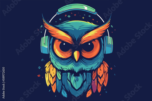 Owl with headphones vintage retro vector Illustration