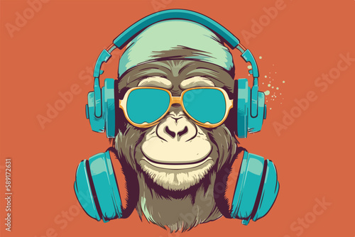 Monkey with headphones vintage retro vector Illustration