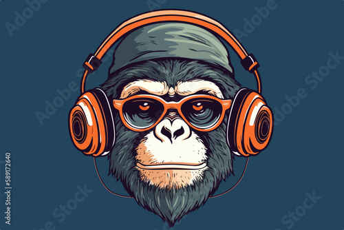 Monkey with headphones vintage retro vector Illustration