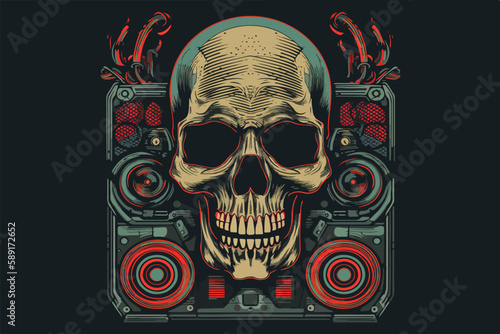 Skull with headphones vintage retro vector Illustration