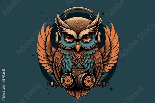 Owl with headphones vintage retro vector Illustration