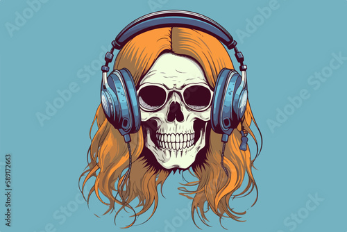 Skull with headphones vintage retro vector Illustration