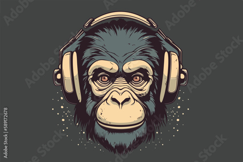 Monkey with headphones vintage retro vector Illustration