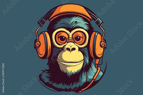 Monkey with headphones vintage retro vector Illustration