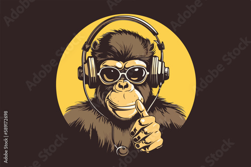 Monkey with headphones vintage retro vector Illustration
