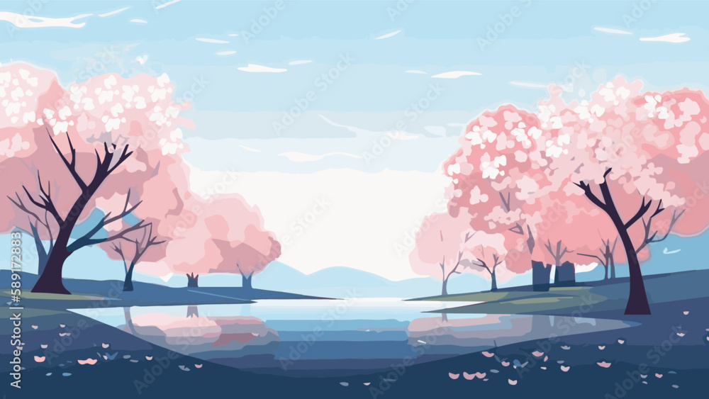 湖のほとりの桜の風景イラスト