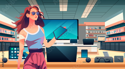 woman consumer in electronics store choosing and buying digital gadgets big sale shopping concept