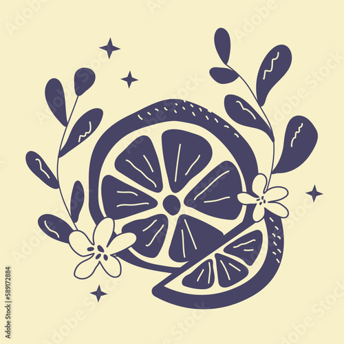 Retro vintage black orange with leaf and flower on isolated background.