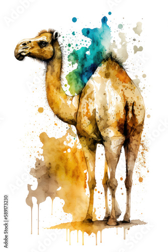 Illustration camel in watercolor. Animal on a white background  generative AI