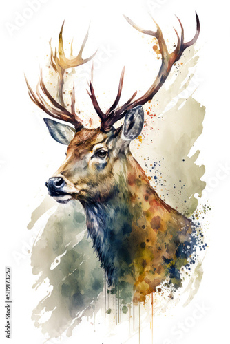 Illustration deer in watercolor. Animal on a white background, generative AI photo