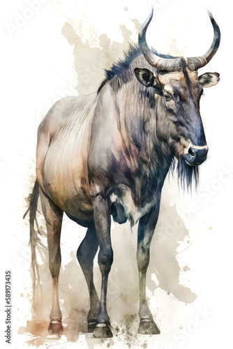 Illustration wildebeest in watercolor. Animal on a white background, generative AI