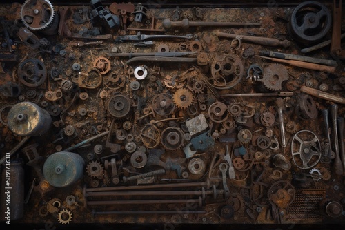 Directly Above Shot Of Rusty Tools On Table, Generative AI