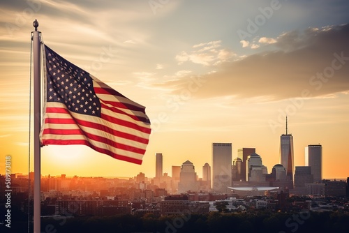 American flag against Boston skyline at sunset, Generative AI