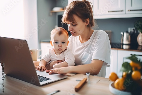 Young woman with a baby on her lap working at home on laptop, concept home work and home office, made with generative ai