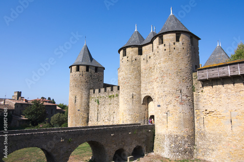 walls and towers of medieval castle Carcassone, France 