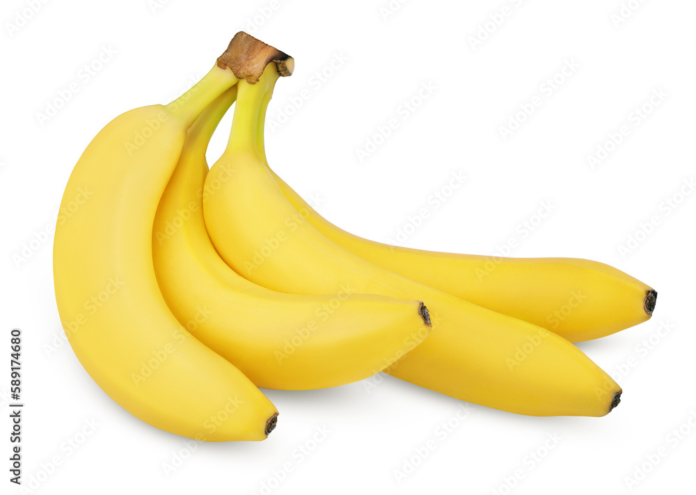 Four ripe bananas isolated on transparent background