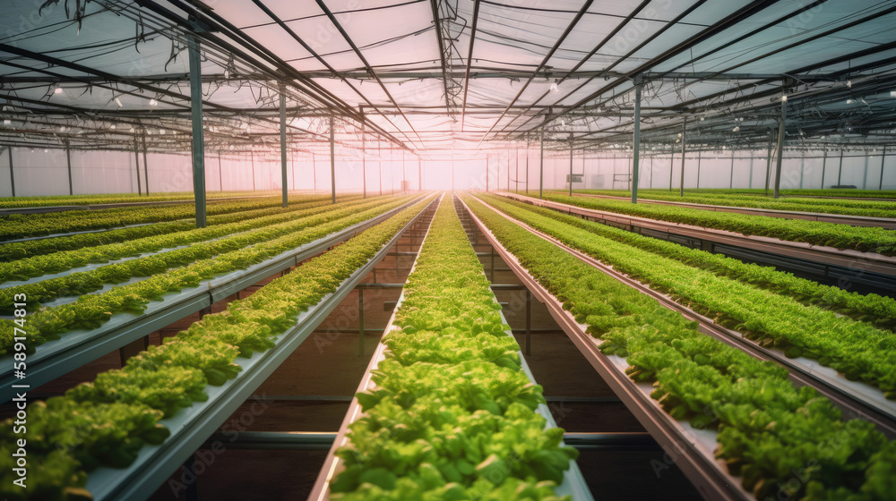 Fototapeta premium A high-angle shot of a greenhouse with a hydroponic system and LED grow lights. Generative AI