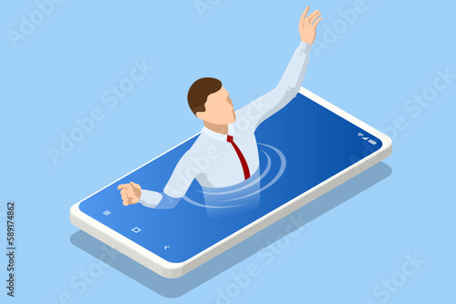 Isometric Social Media Addiction, Influence, Popularity, Modern Lifestyle, and Ad Concept. A man is drowning in a smartphone. Pathological addiction to social networks, videos, news.
