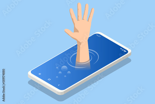 Isometric Social Media Addiction, Influence, Popularity, Modern Lifestyle, and Ad Concept. A man is drowning in a smartphone. Pathological addiction to social networks, videos, news.