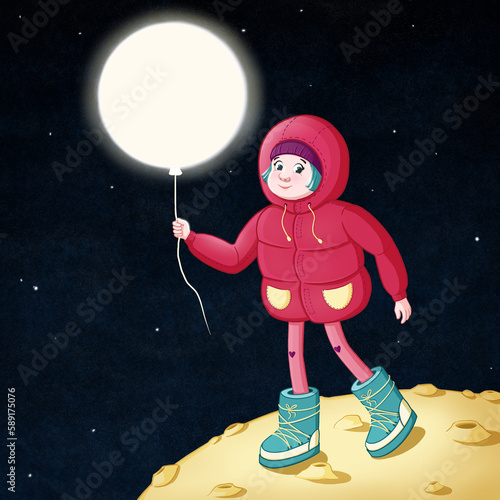 Girl with balloon on the moon