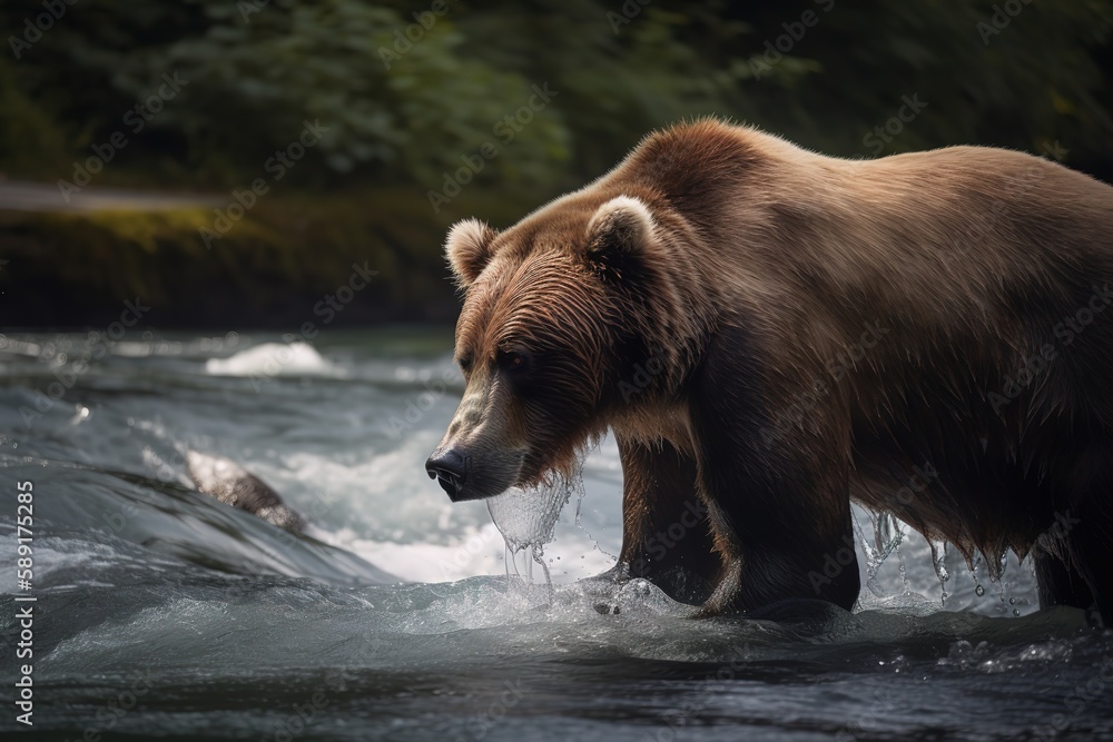 Brown bear( Ursus arctos) fishing for salmon in river, Generative AI Brown bear( Ursus arctos) fishing for salmon in river, Generative AI