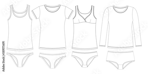 Template women underwear, shirts, set vector illustration, flat sketch design outline