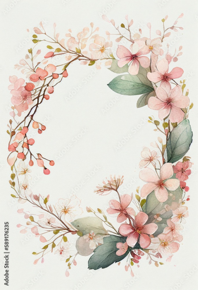 Vertical Floral Frame, Watercolor Flowers, Illustration, Generative AI