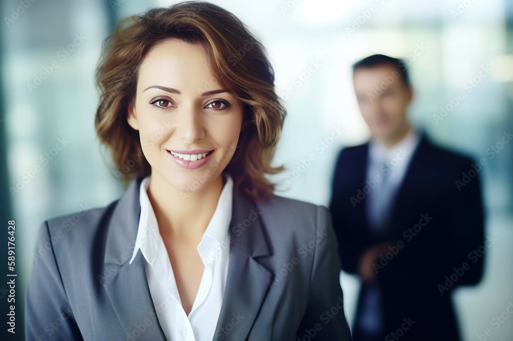 A picture of a happy businesswoman smiling at the camera with blurred scenes of offices and people. AI-generated images A picture of a happy businesswoman smiling at the camera with blurred scenes of offices and people. AI-generated images