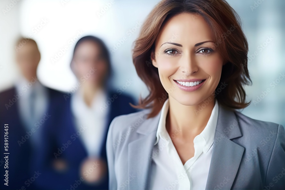 A picture of a happy businesswoman smiling at the camera with blurred scenes of offices and people. AI-generated images A picture of a happy businesswoman smiling at the camera with blurred scenes of offices and people. AI-generated images