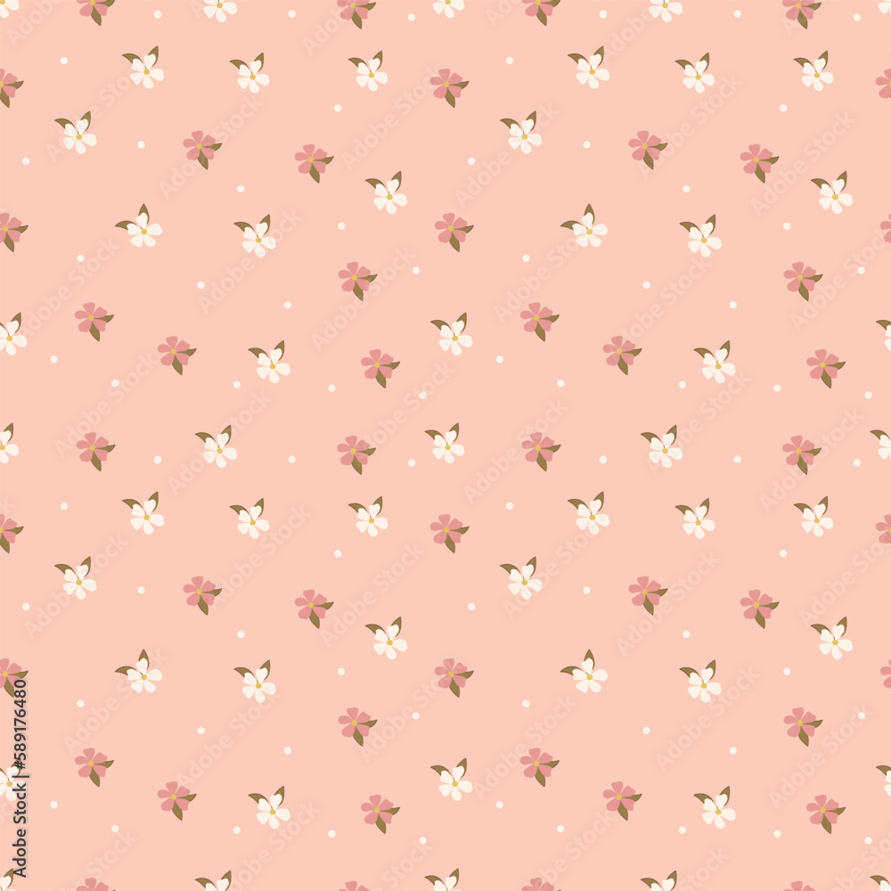 Vintage floral background with white flowers, green leaves. pink background. Seamless pattern for design and fashion prints.Stock vector illustration.