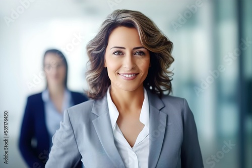 A picture of a happy businesswoman smiling at the camera with blurred scenes of offices and people. AI-generated images