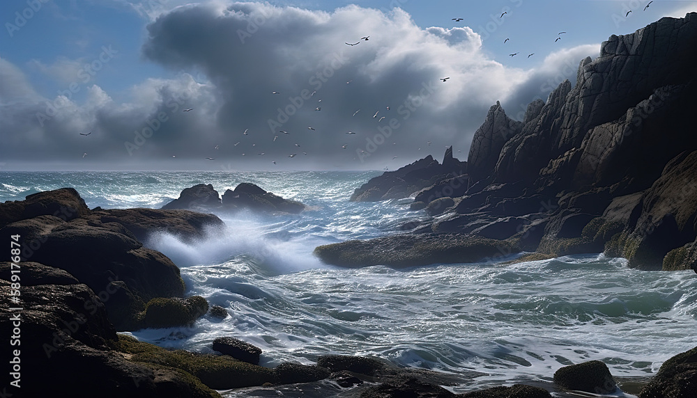 Fototapeta premium waves crashing on rocks. Created using generative AI.