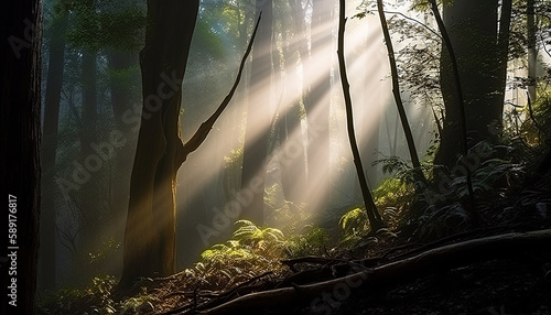 sun rays in the forest. Created using generative AI.