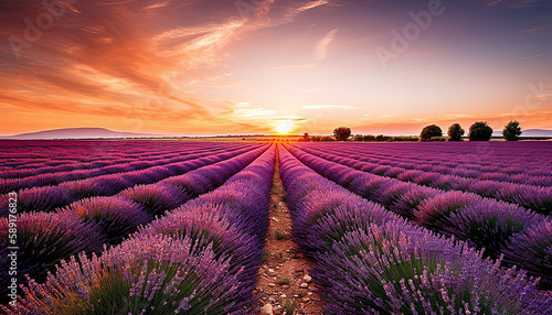 lavender field at sunset. Created using generative AI.