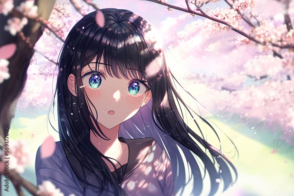 Fototapeta premium A cute surprised black haired anime girl under the blooming sakura. AI generated.