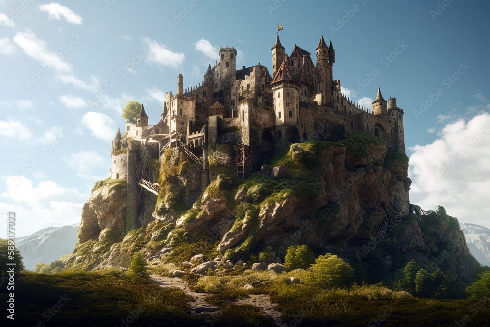 View on a big castle on a mountain. Generated ai.