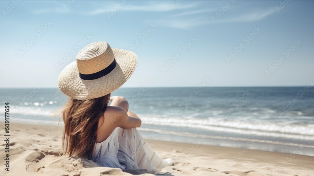 A Beautiful Woman in a Sunhat and white dress, Relaxing by the Ocean, Beachside Bliss: A Stunning Calm Sea, generative ai