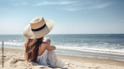 A Beautiful Woman in a Sunhat and white dress, Relaxing by the Ocean, Beachside Bliss: A Stunning Calm Sea, generative ai