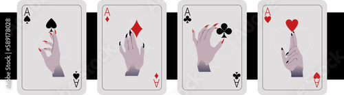 Set of four aces playing cards suits. Hand draw vector illustration.