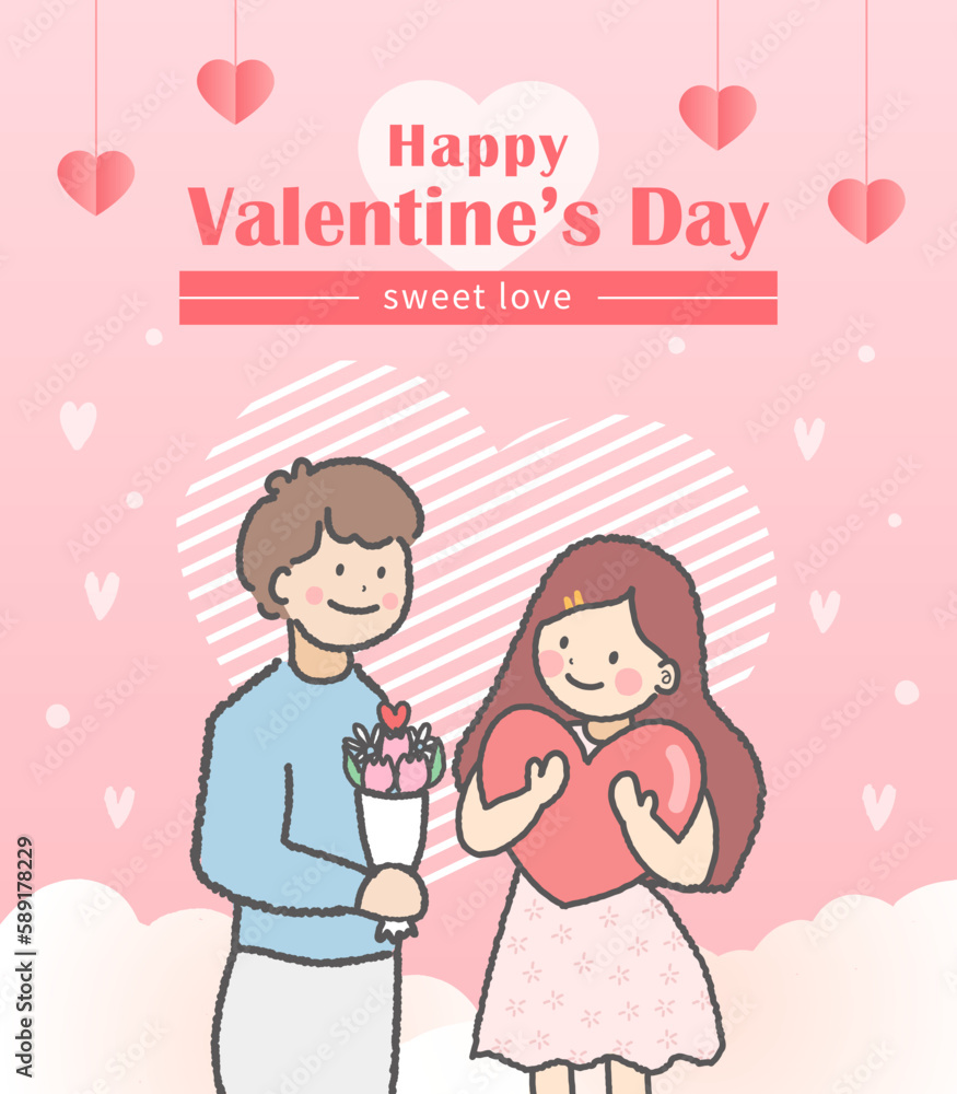 Illustration of couple celebrating Happy Valentine's Day with pink background with love elements Illustration of couple celebrating Happy Valentine's Day with pink background with love elements
