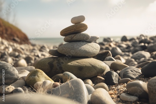 Close - up Of Stacked Stones At Shore, Generative AI