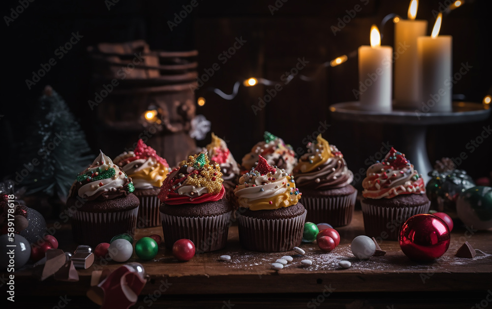 Richly decorated Christmas cupcakes on a wooden platter, lit candles in the background, setting a festive and delectable mood.
