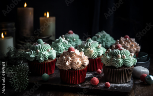 Luscious Christmas cupcakes adorned with festive frostings, nestled among candles and winter greens, invoking cozy holiday vibes.