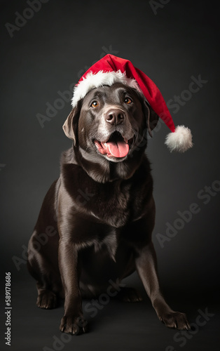 Joyful Labrador retriever donning a Santa hat, radiating festive cheer against a sleek black backdrop.