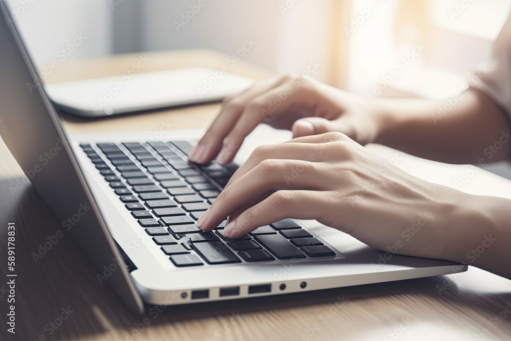 Woman hands typing on computer keyboard closeup, businesswoman or student using laptop at home, online learning, internet marketing, working from home - Generative AI Woman hands typing on computer keyboard closeup, businesswoman or student using laptop at home, online learning, internet marketing, working from home - Generative AI