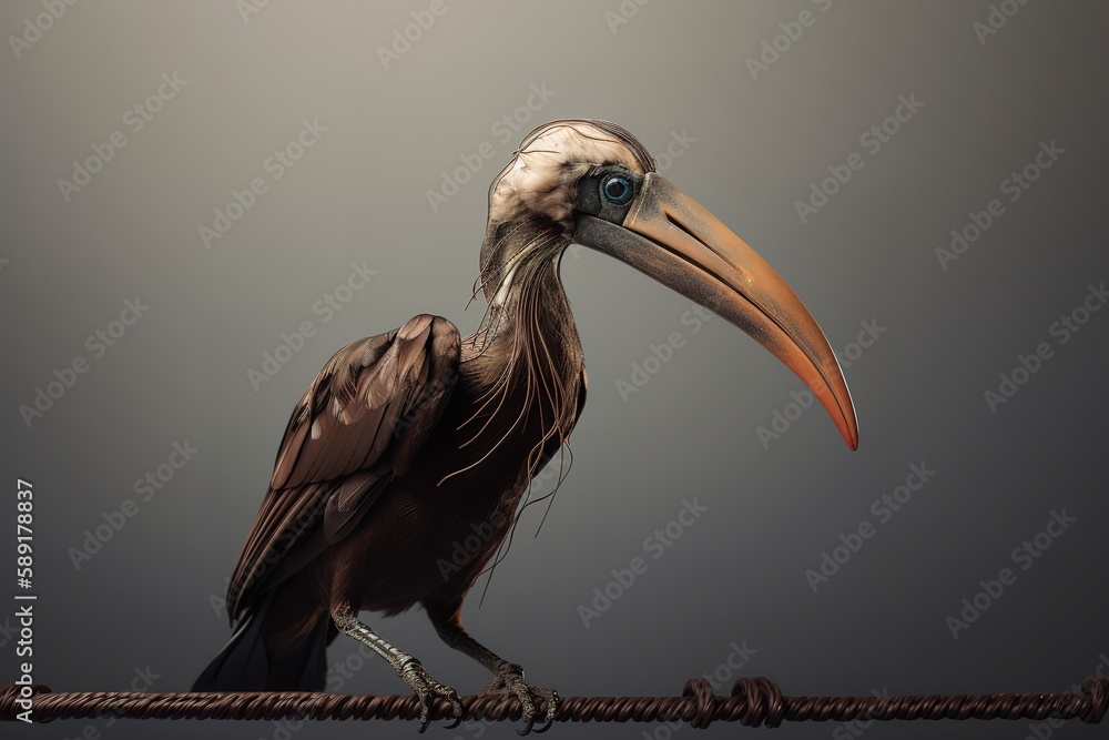 Obraz premium Hornbill on brown metal wire, Generative AI
