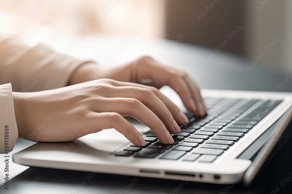 Woman hands typing on computer keyboard closeup, businesswoman or student using laptop at home, online learning, internet marketing, working from home - Generative AI